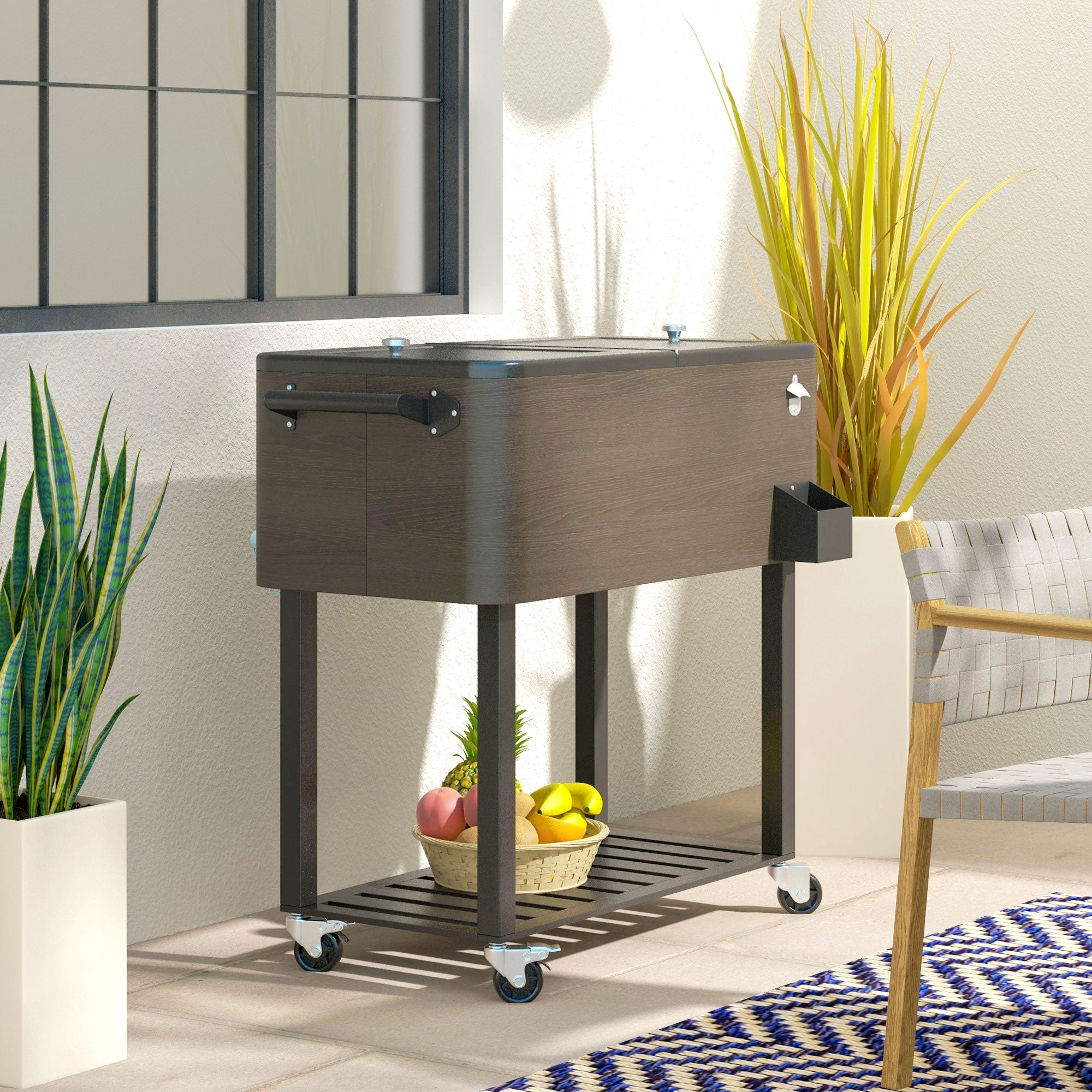 Outsunny Outdoor Beverage Cooler Bar Cart, 67-Qt Patio Cooler Cart Rolling Ice Chest with Shelf, Bottle Opener and Wheels, Grey