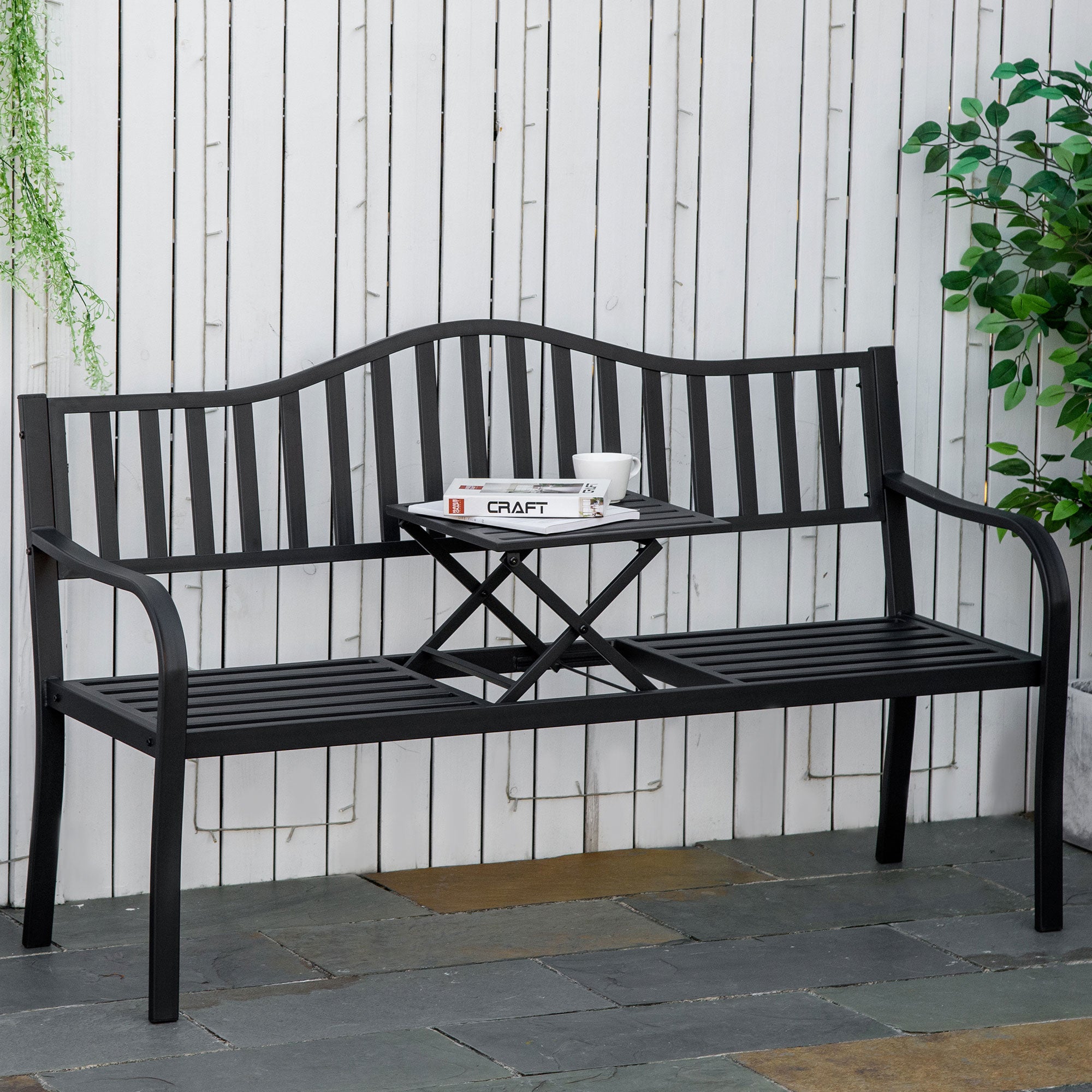 Outsunny Metal Outdoor Bench with Liftable Middle Table, Patio Loveseat, Garden Bench for Lawn, Porch, Seats 2–3 People, Black