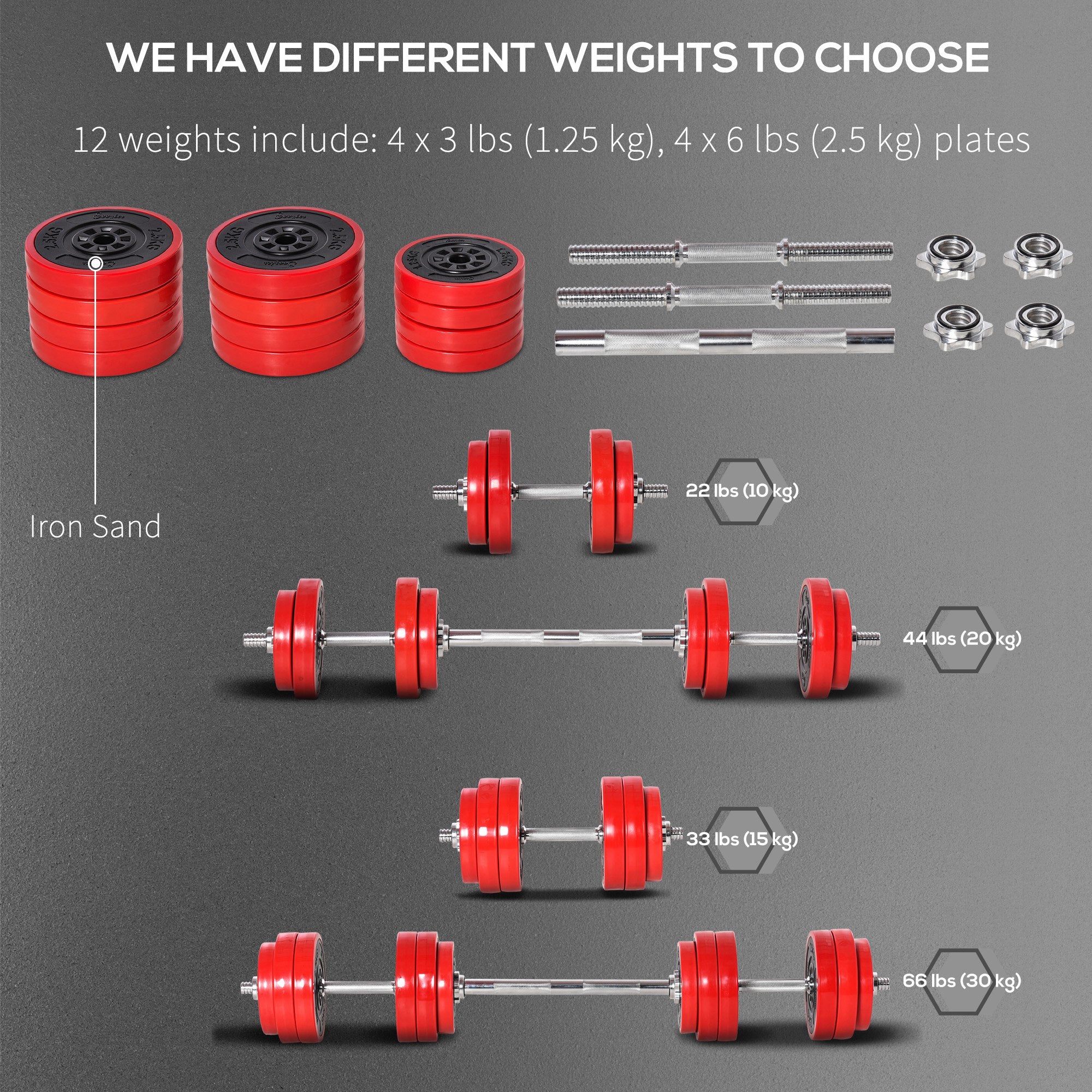 Soozier 66lbs 2-In-1 Dumbbell & Barbell Adjustable Set Strength Muscle Exercise Fitness Plate Bar Clamp Rod Home Gym Sports Area