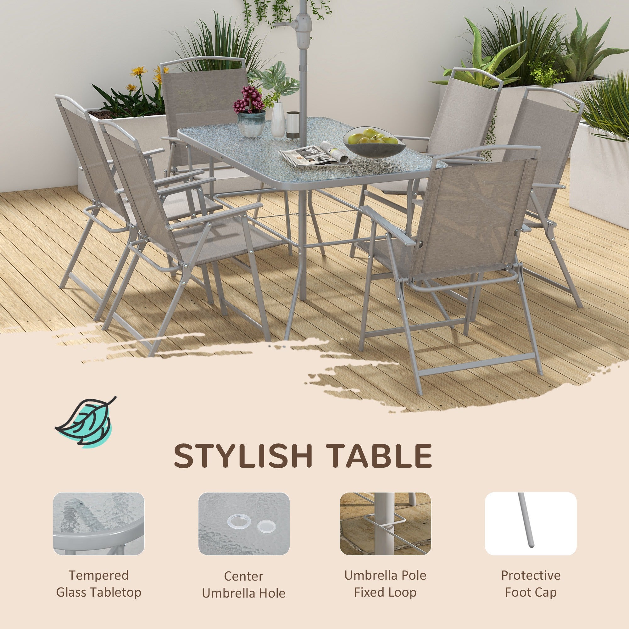 Outsunny 8 Piece Patio Dining Set with Table Umbrella, 6 Folding Chairs and Rectangle Dining Table, Grey