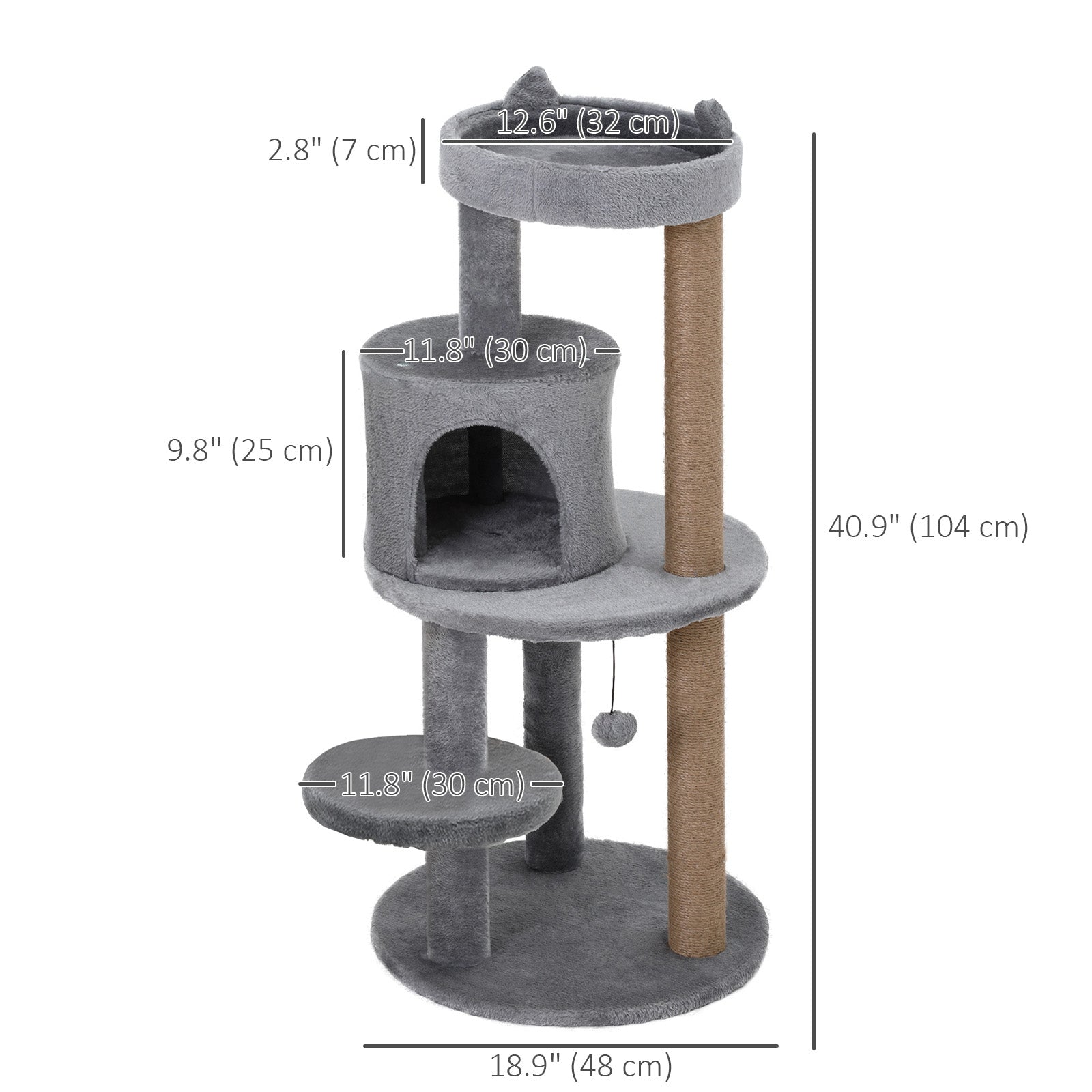 PawHut 41" Cat Tree Tower with Condo, Scratching Posts and Hanging Ball, Grey