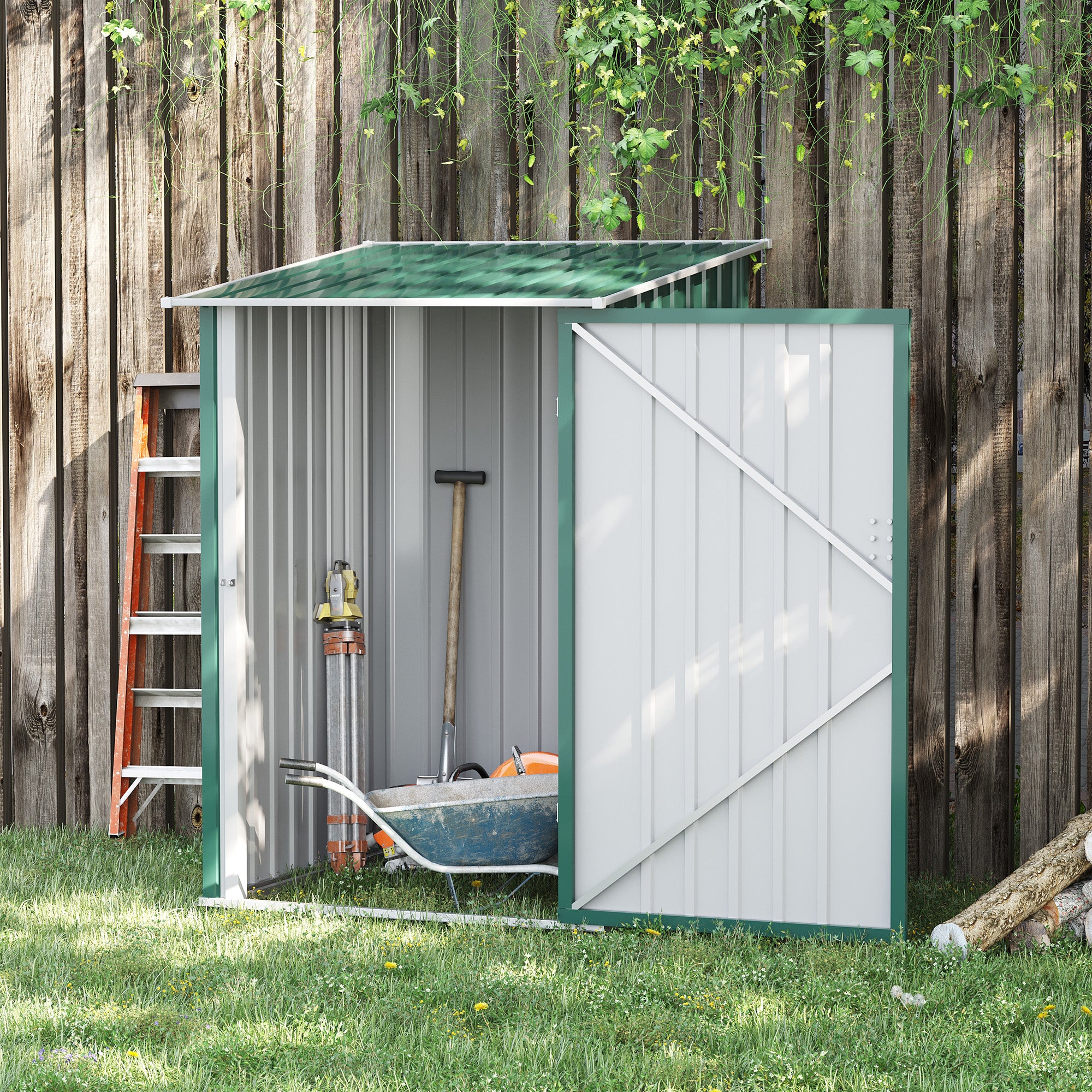 Outsunny 3.3' x 3.4' Lean-to Garden Storage Shed, Outdoor Galvanized Steel Tool House with Lockable Door for Patio Green