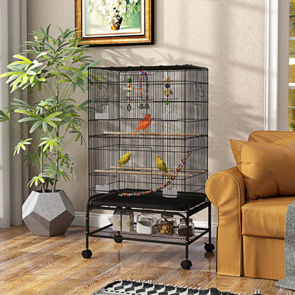 PawHut 43" Bird Cage with Rolling Stand, Toys, for Budgies Canaries Black