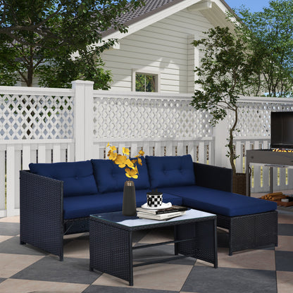 Outsunny 3pcs Outdoor Rattan Wicker Sofa and Chaise Lounge Set with Cushion Garden Patio Furniture Black and Dark Blue