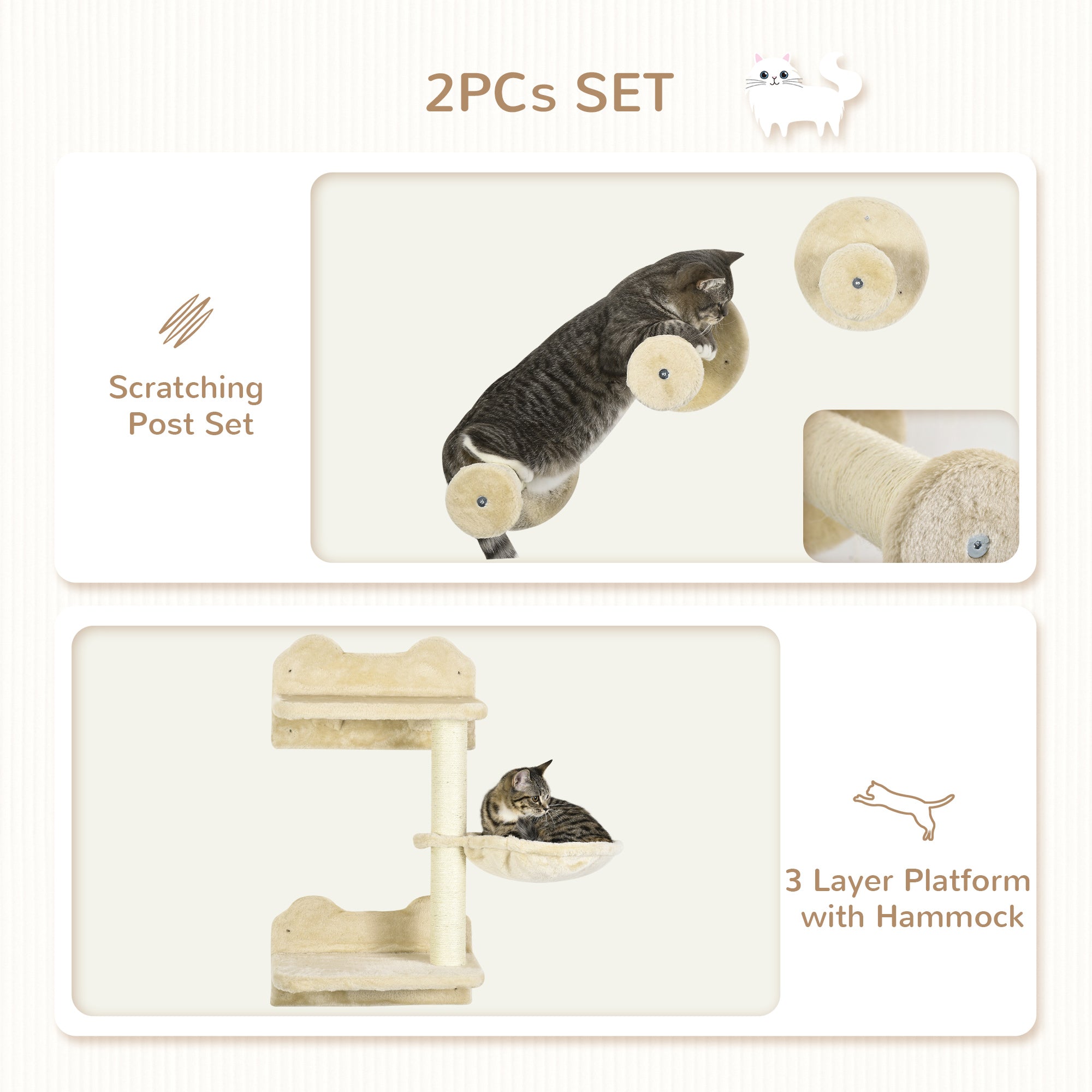 PawHut 4Pcs Cat Wall Shelf with Scratching Posts, Hammock, Steps, Platforms, Cat Shelves for Relaxing, Sleeping, Jumping, Cat Wall Climber for Indoor Cats, Beige