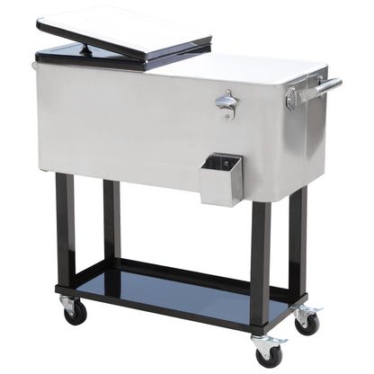 Outsunny 80 Quart Rolling Cooler Cart Portable Patio Ice Beer Beverage Cooling Bin for Outdoor Party w/ Bottle Opener & Storage Shelf Silver