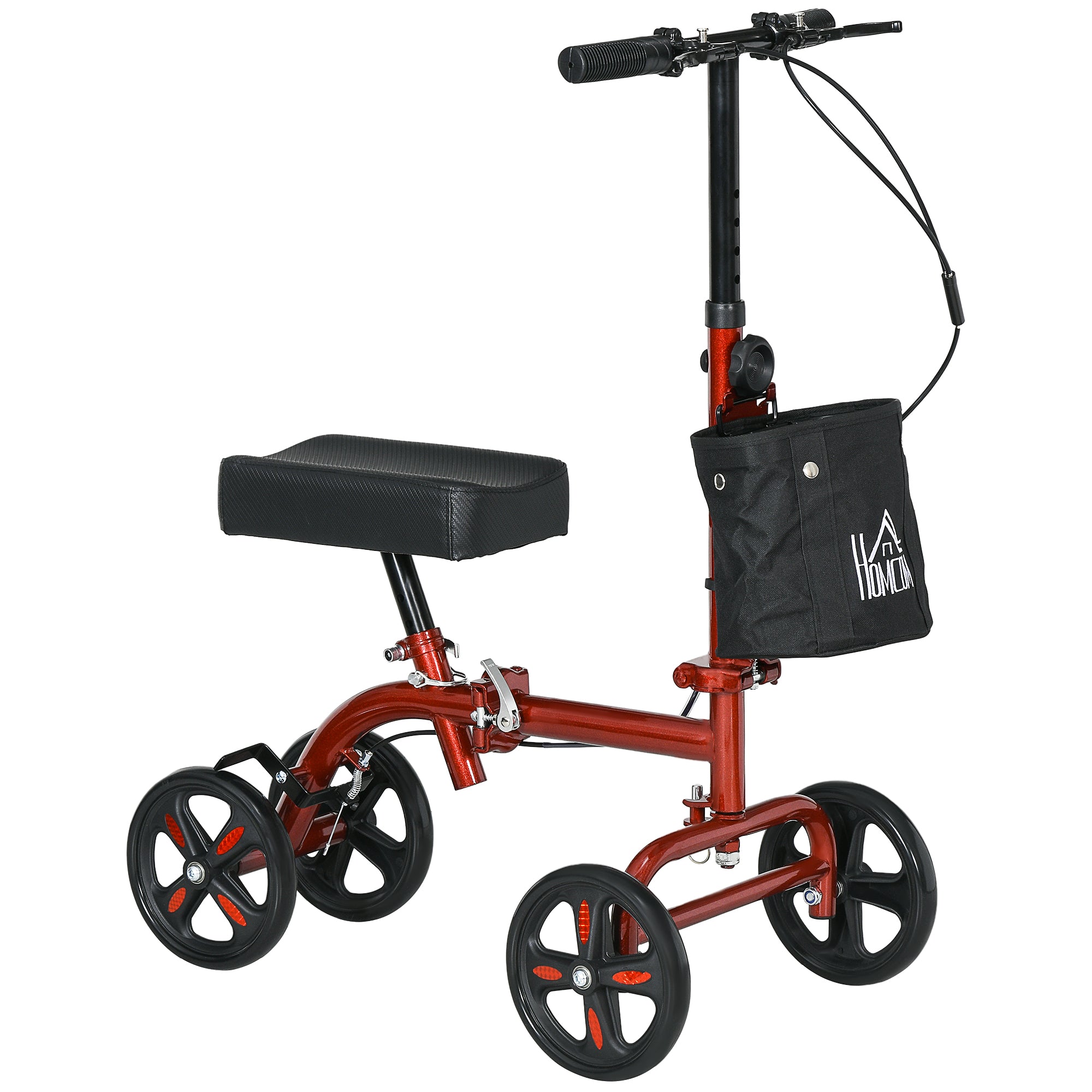 HOMCOM Steerable Knee Walker, Foldable Knee Scooter with Dual Braking System, Adjustable Height, Crutch Alternative, Red