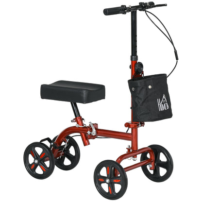 HOMCOM Steerable Knee Walker, Foldable Knee Scooter with Dual Braking System, Adjustable Height, Crutch Alternative, Red