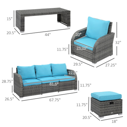 Outsunny 6 Pieces Patio Furniture Set, Conversation Set Wicker Sectional Set Cushioned Outdoor Rattan 3-Seat Sofa, 2 Adjustable Recliners, 2 Footstools & Table Set for Lawn Garden Backyard, Sky Blue