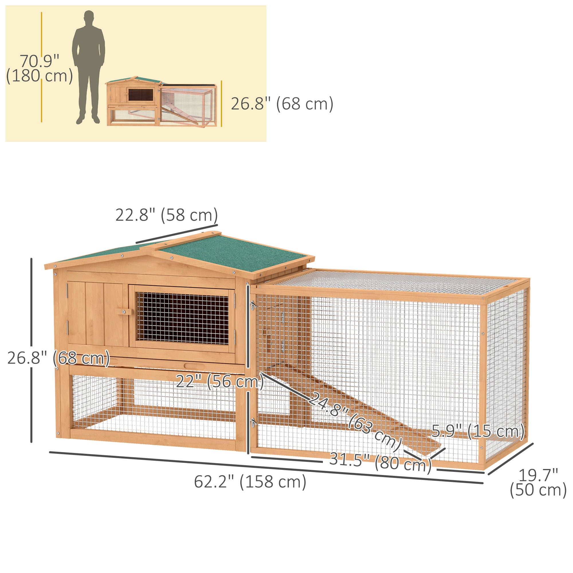 PawHut Wooden Rabbit Hutch Cage Bunny House Chicken Coop Habitats with Run