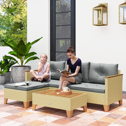Outsunny 3 Piece Patio Furniture Set, L-Shaped Outdoor Furniture Conversation Set with Wood Top Coffee Table, Light Grey