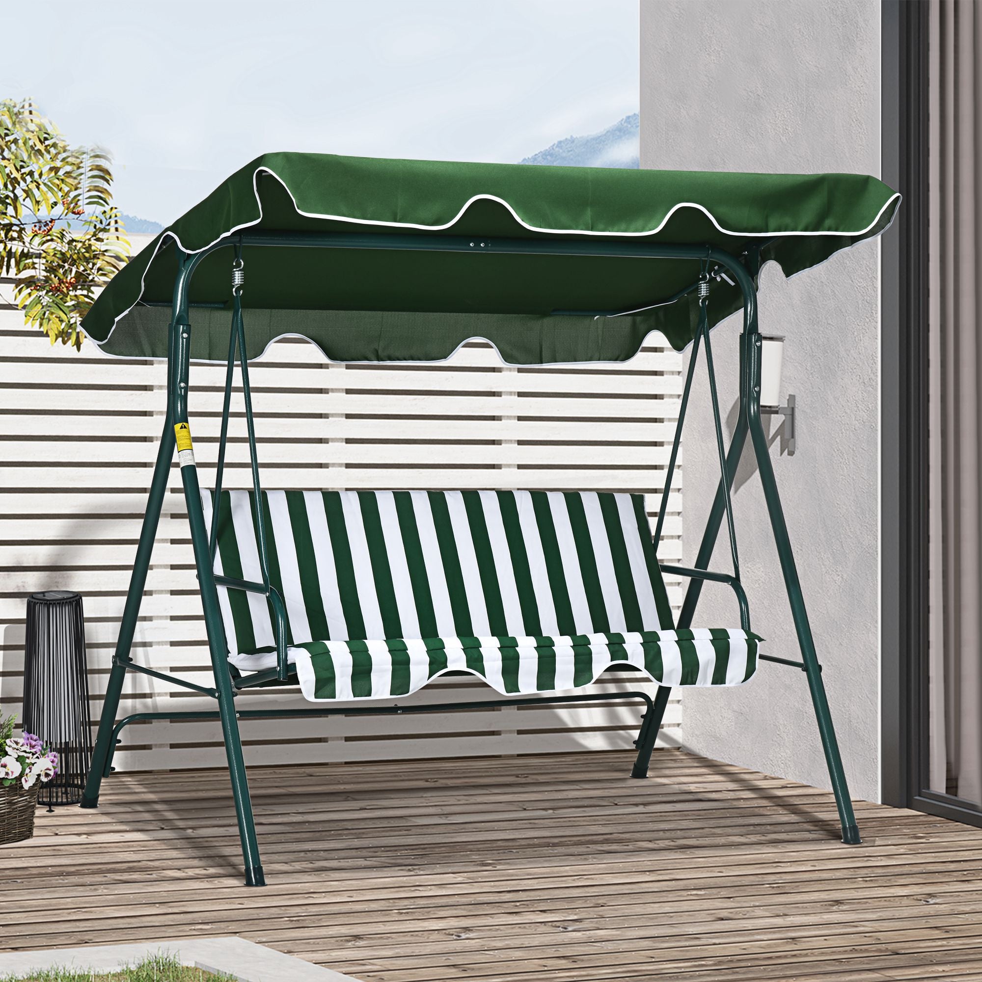 Outsunny 3-Seater Outdoor Porch Swing with Adjustable Canopy, Patio Swing Chair for Garden, Poolside, Backyard, Green and White