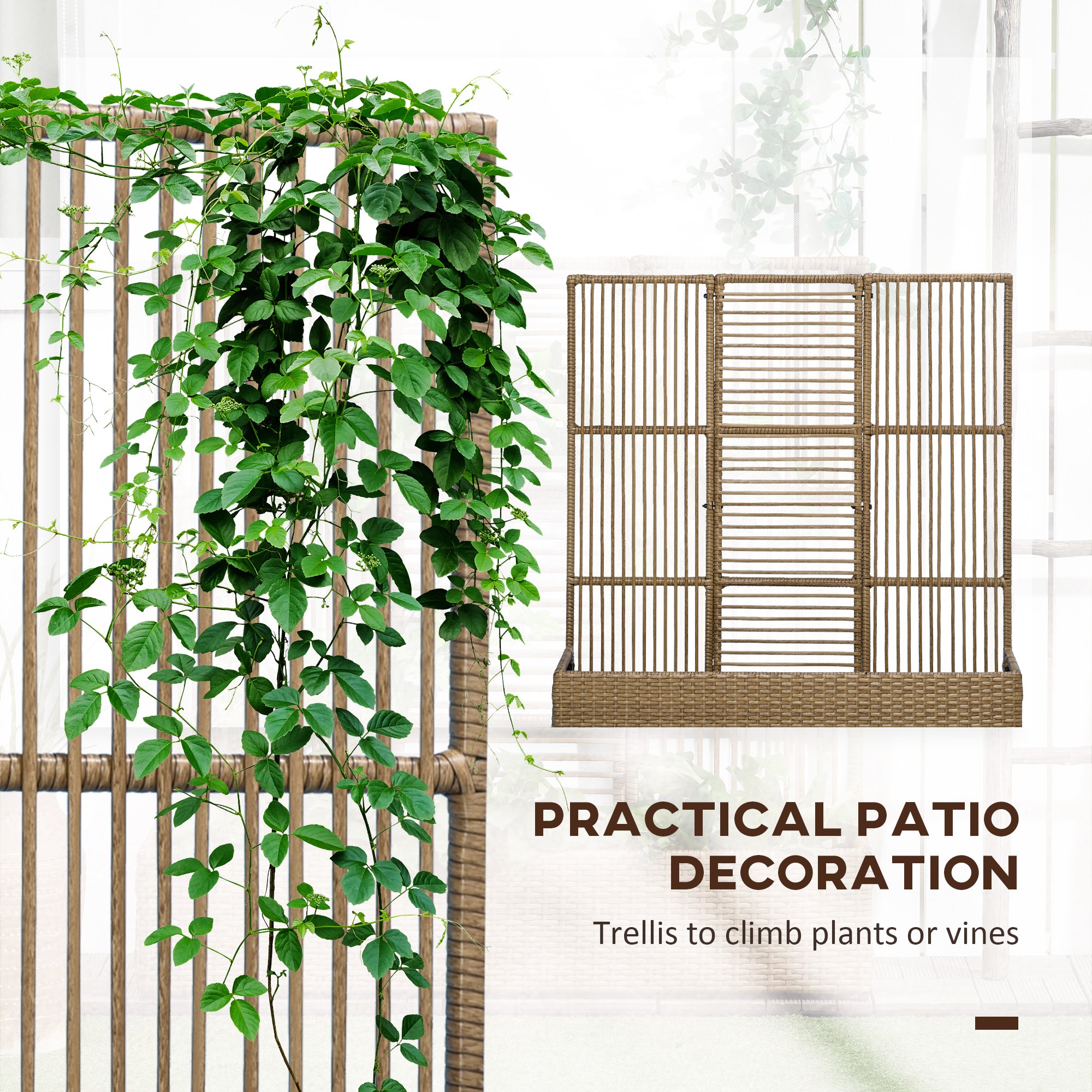 Outsunny Raised Garden Bed with Lattice Trellis, Rattan Outdoor Planter with Storage for Garden, Patio, Balcony, Sand Brown