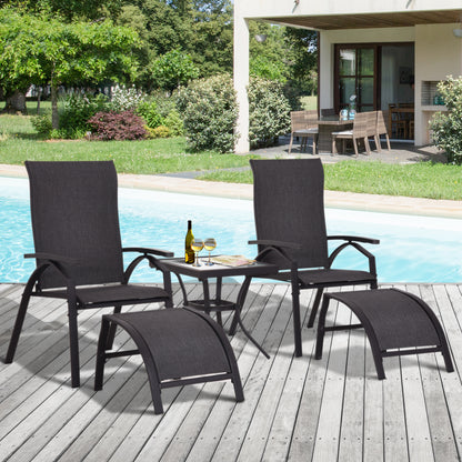 Outsunny 5pcs Outdoor Sling Bistro Set Garden Sun Lounger Chaise Lounge Reclining Chair w/Side Table & Ottoman  Balcony Furniture Black