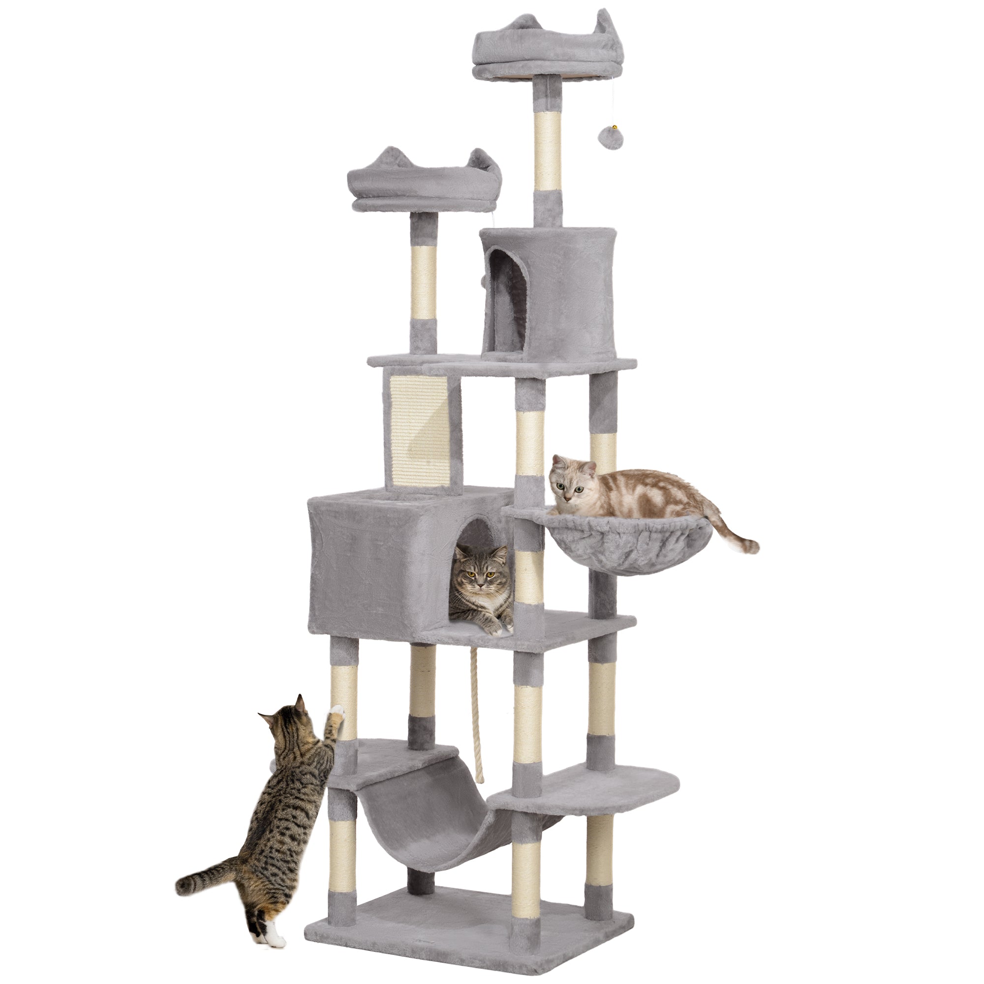 PawHut 81" Large Cat Tree w/ Scratching Posts, Condos, Beds, Hammocks, Jumping Platforms, Toy Balls, Rope Cat Toy, Light Grey
