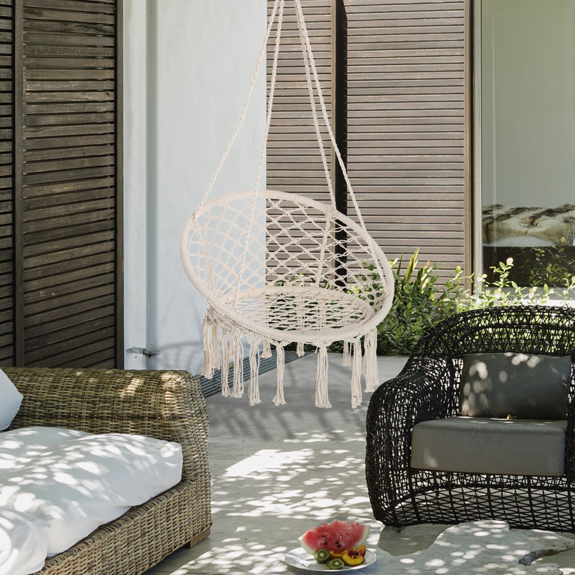 Outsunny Patio Hammock Chair, Hanging Rope Hammock Swing for Indoor & Outdoor Use with Backrest, Cotton-Polyester Blend, Fringe Tassels, Cream White