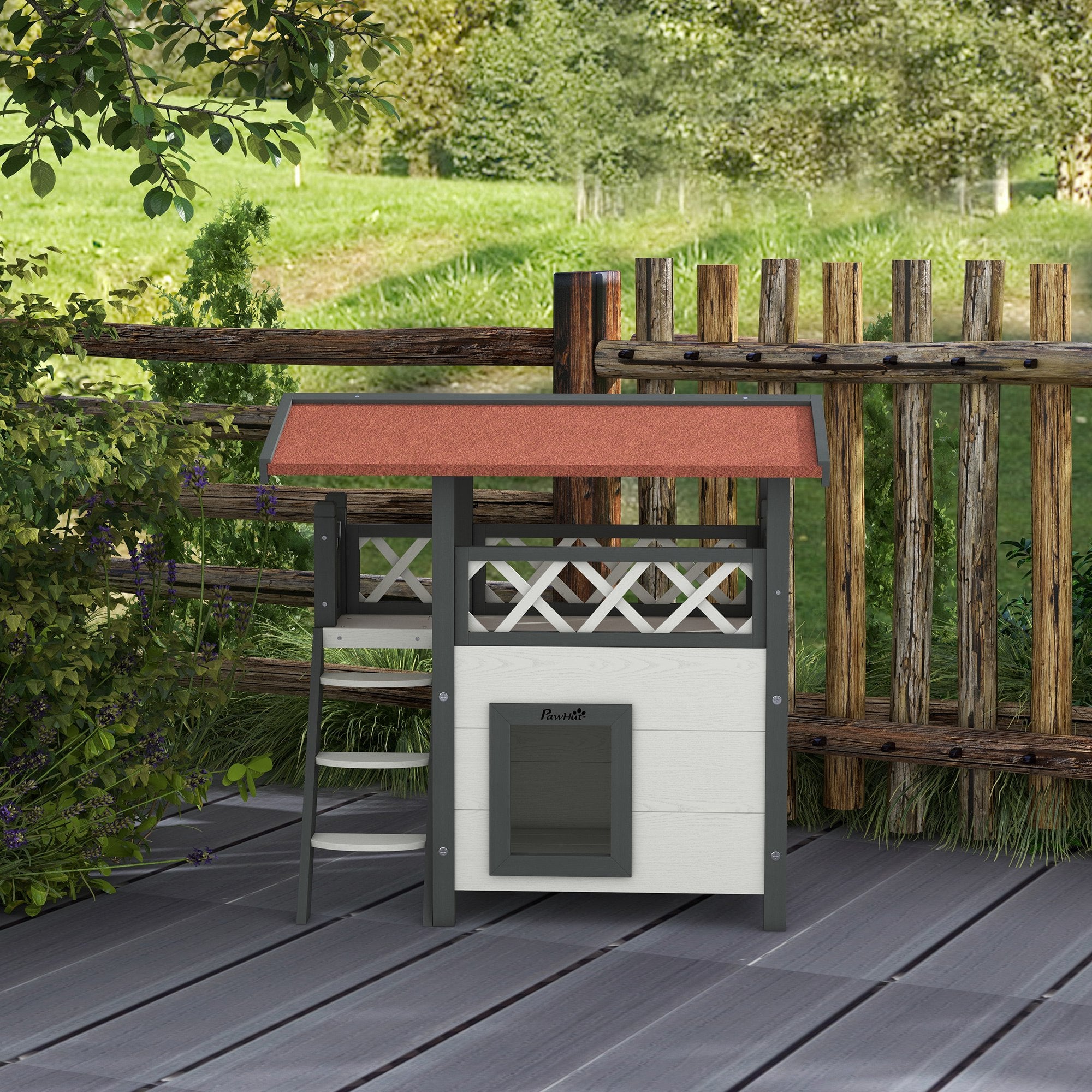 PawHut Wooden 2-Story Shelter for Feral Cats with Asphalt Roof, Stairs, Balcony, 30" x 20" x 29", White