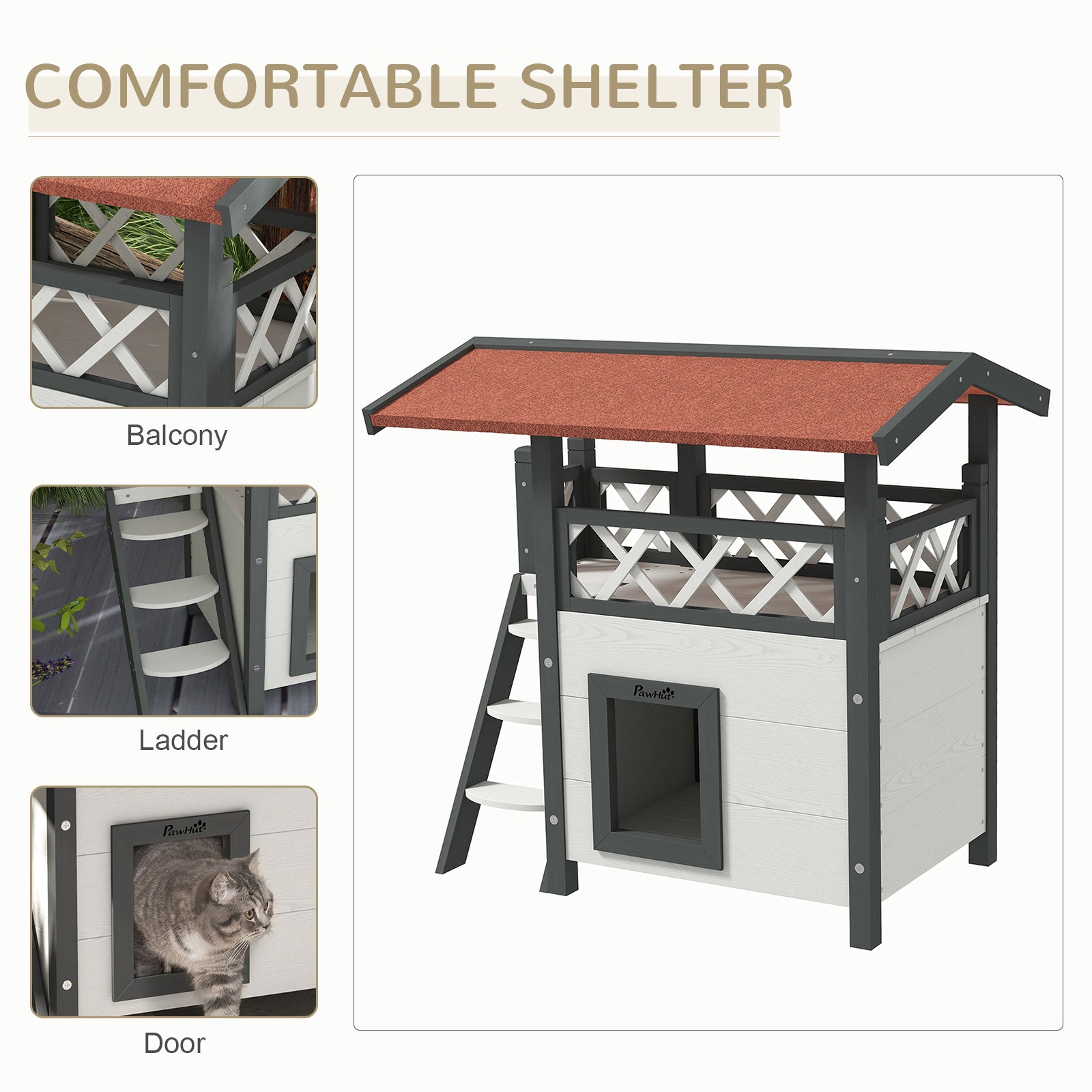 PawHut Wooden 2-Story Shelter for Feral Cats with Asphalt Roof, Stairs, Balcony, 30" x 20" x 29", White