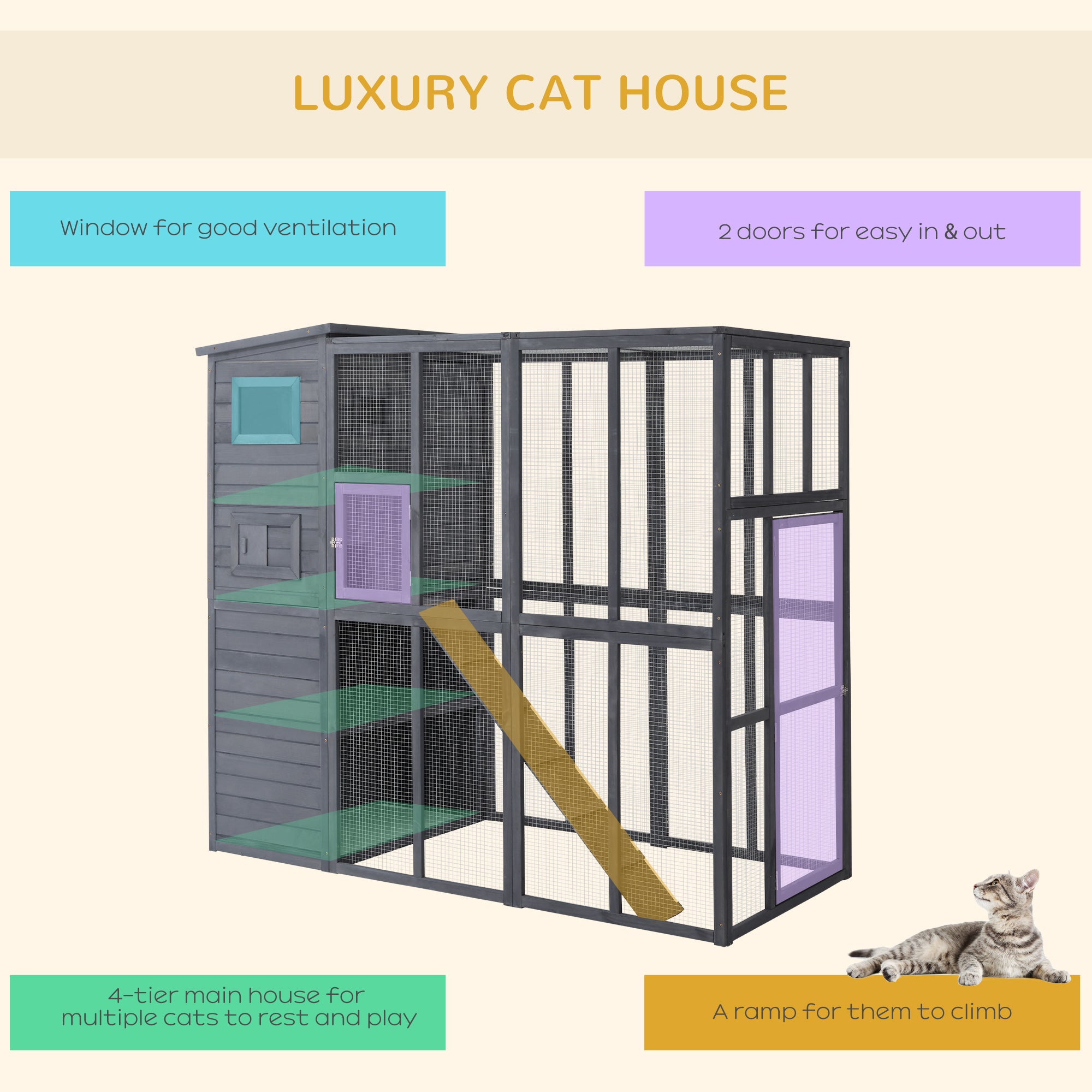 PawHut Outdoor Wooden Catio with 4 Tier Main House, Ramp, Platforms, Asphalt Roof, Ramps, Sliding Door, Window, Grey