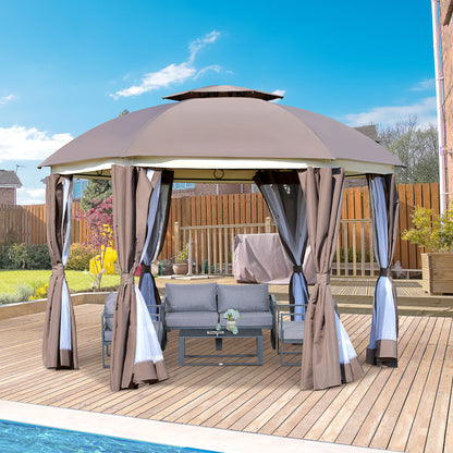 Outsunny 12' x 12' Outdoor Gazebo Canopy, Dome Patio Gazebo Netting Sidewalls and Curtains, Double Vented Roof, Brown