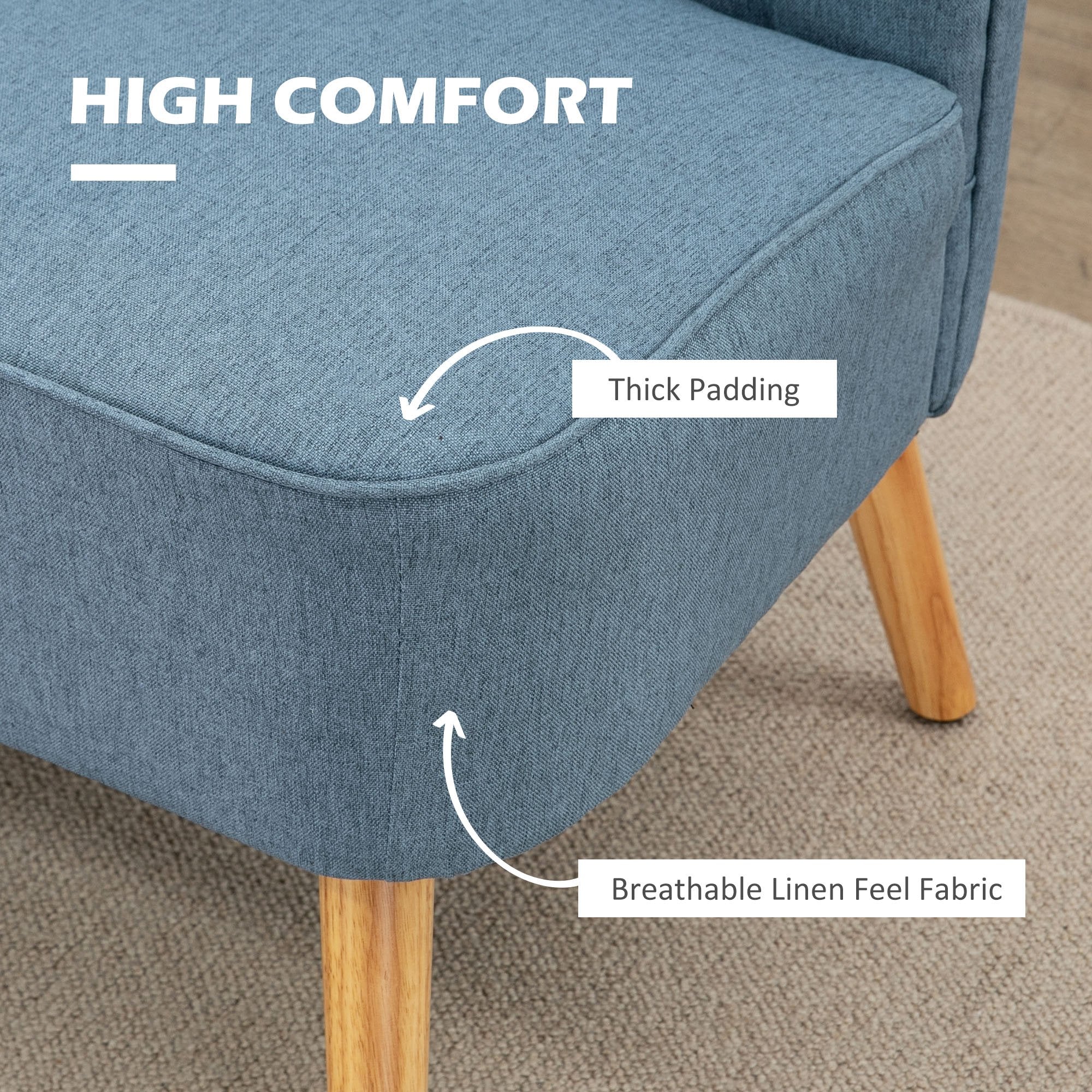HOMCOM Modern 2 Seat Sofa for Bedroom, Upholstered Two Seater Couch with Rubber Wood Legs, Blue