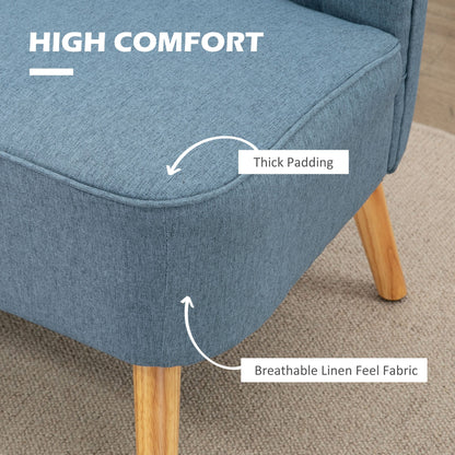 HOMCOM Modern 2 Seat Sofa for Bedroom, Upholstered Two Seater Couch with Rubber Wood Legs, Blue