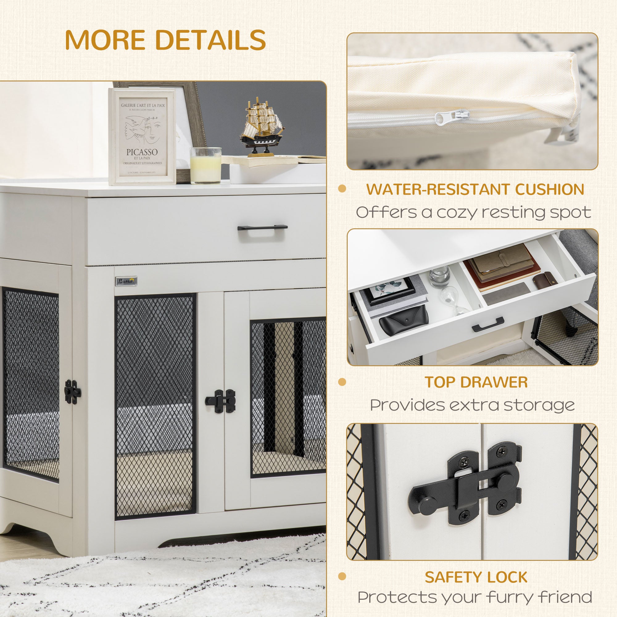 PawHut Dog Crate Furniture with Cushion, 2 Doors, Storage, Dog Kennel End Table for Small Medium Dogs, White