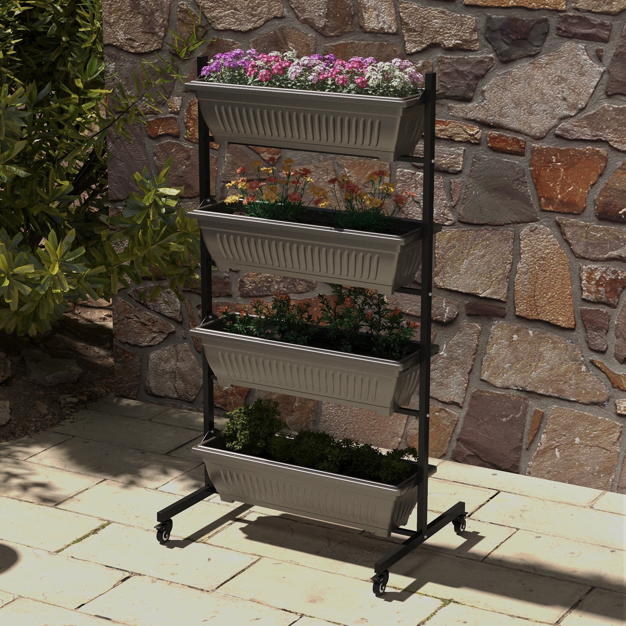 Outsunny 4-Tier Vertical Raised Garden Planter with 4 Boxes, Wheels, Outdoor Plant Stand for Vegetable Flowers, Brown