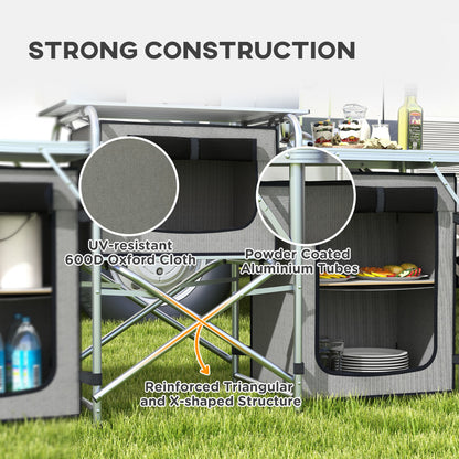 Outsunny Aluminum Camping Kitchen, Portable Folding Camping Table with Fabric Cupboards, Windshield, Bag for BBQ, Picnic, Grey