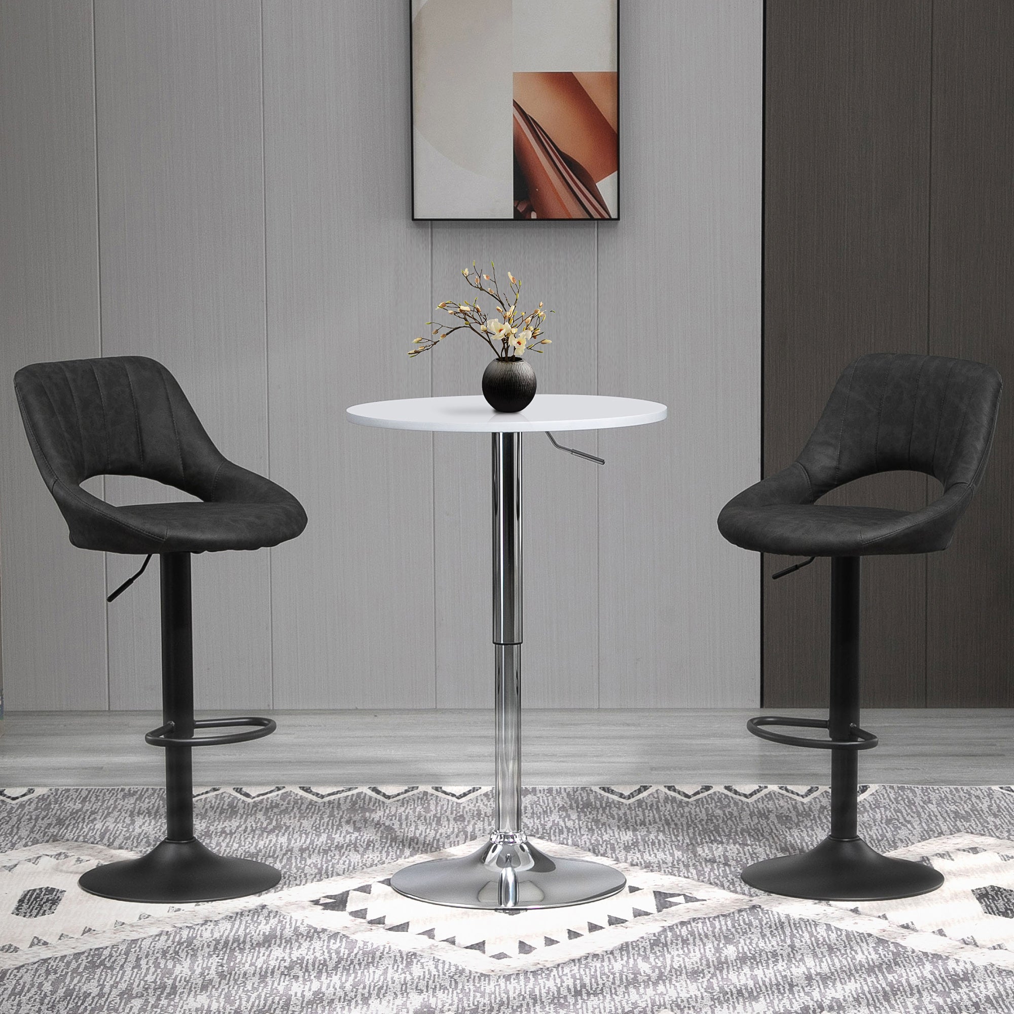 HOMCOM  Set of 2 Adjustable Bar Stools with PU Upholstered Back, Footrest, Round Base for Kitchen, Dining Room, Grey