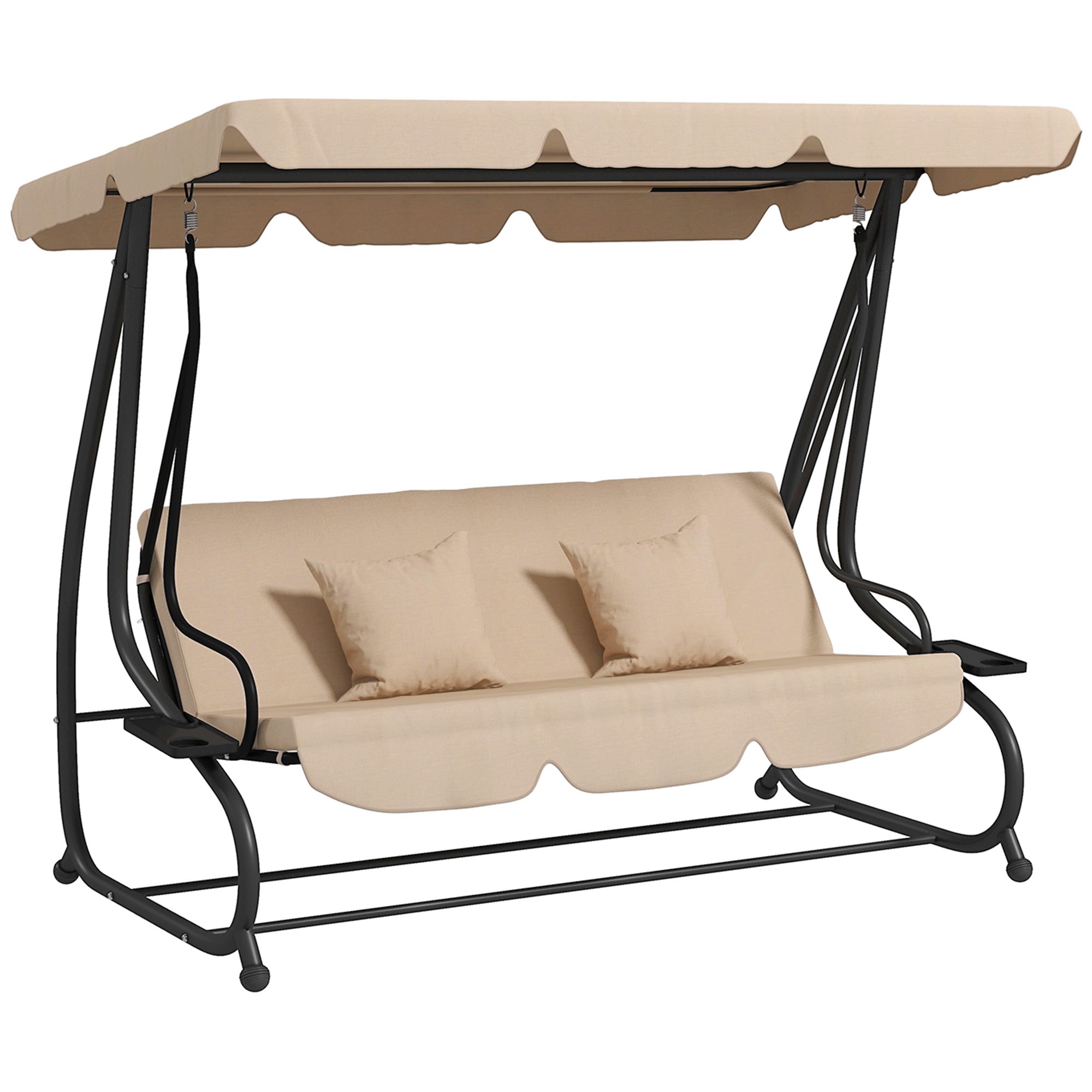 Outsunny 3-Seat Outdoor Patio Swing Chair, Converting Flat Bed, Canopy Swing with Adjustable Shade, Removable Cushions, Cup Holder, Light Brown