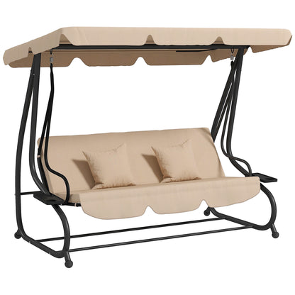 Outsunny 3-Seat Outdoor Patio Swing Chair, Converting Flat Bed, Canopy Swing with Adjustable Shade, Removable Cushions, Cup Holder, Light Brown