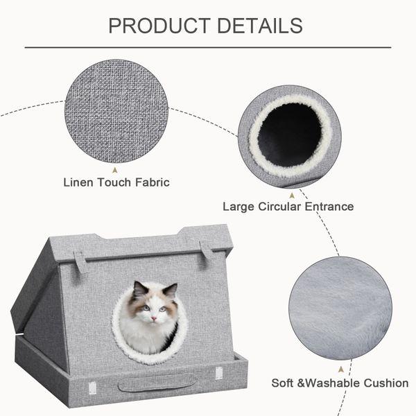PawHut Wooden Cat House Foldable Kitten Cave 2 In 1 Design Condo Pet Bed with Soft Removable Washable Cushions Scratching Pad Suitcase Style Easy to Carry Grey