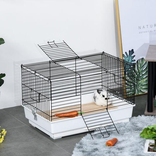 PawHut Small Animal Cage Habitat Pet Play House for Small Rabbit Bunny Guinea Pig Pet Mink Chinchilla with Sliding-out Tray Bottom Wood Board White and Black