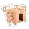 Wood Pet House Cat Tree 2-Story Small Puppy Bed Platform Outdoor Kennel w/ Stair