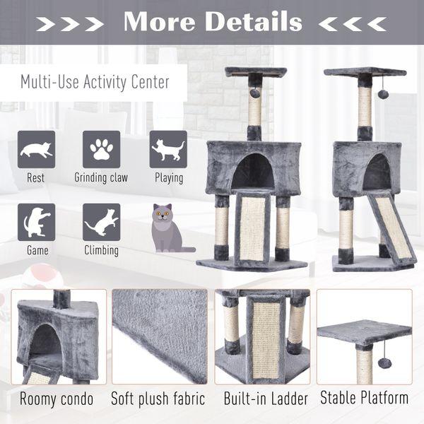 PawHut Sisal Scratching Posts Condo Cat Tree 3-Level Cat Tower W/ Ladder