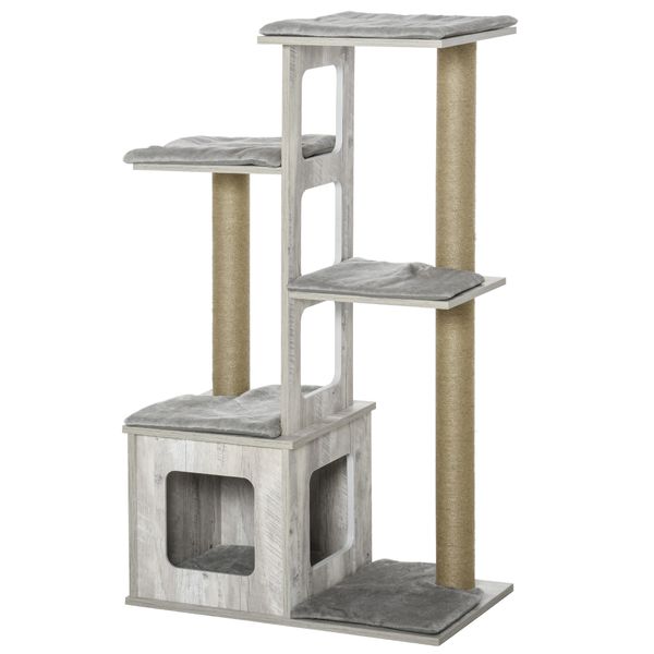 PawHut Plush Cat Tree Tower Activity Center Climb Frame w/ Jute Scratching Posts Condo