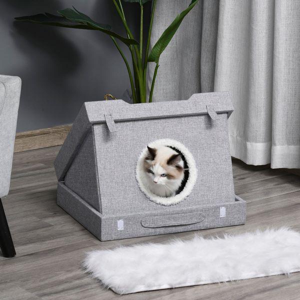 PawHut Wooden Cat House Foldable Kitten Cave 2 In 1 Design Condo Pet Bed with Soft Removable Washable Cushions Scratching Pad Suitcase Style Easy to Carry Grey